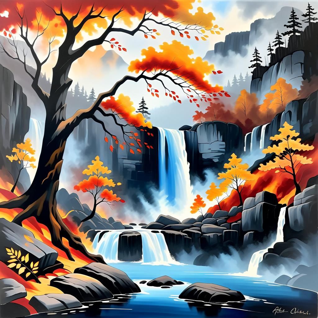 Vibrant Tree and Waterfall in Digital Illustration