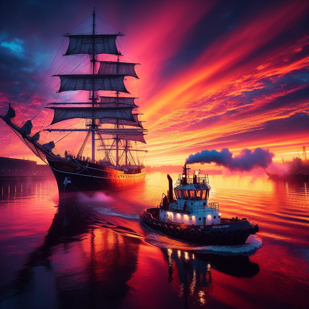Ghostly Tall Ship Guided at Fiery Sunset