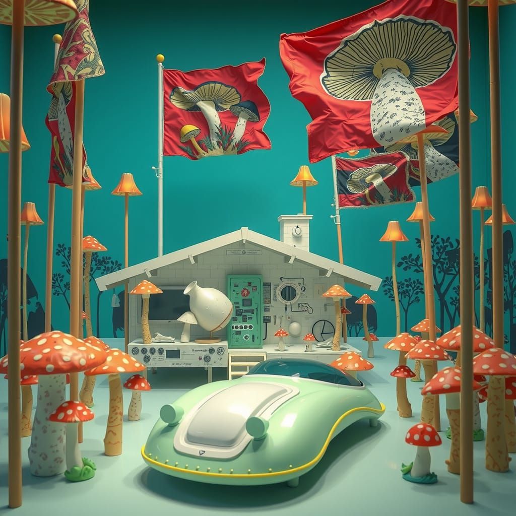 Whimsical Mushroom Flag Scene in Industrial Chic Style