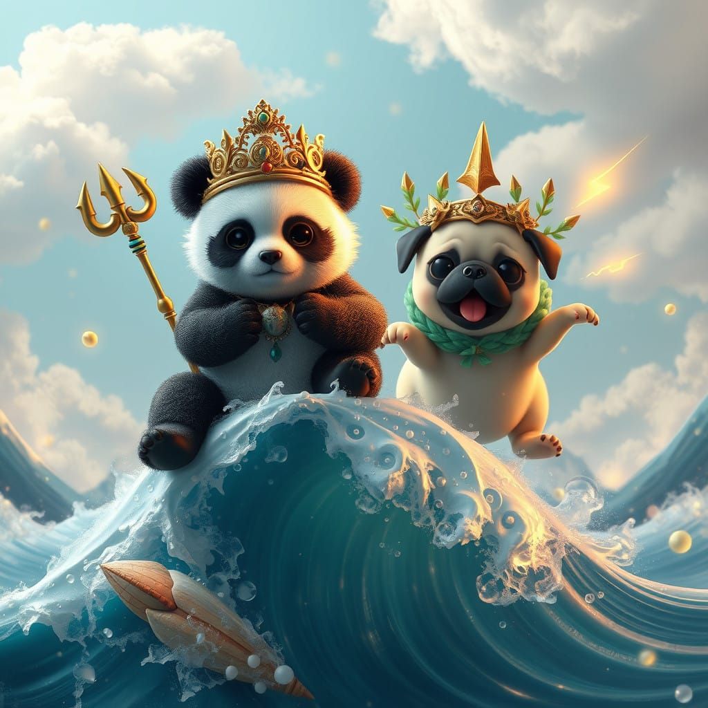 Regal Baby Panda Poseidon and Playful Baby Pug Zeus in Whims...