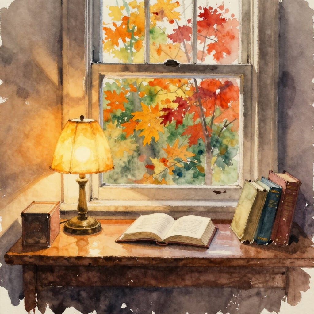 Cozy Reading Nook with Autumn Window View