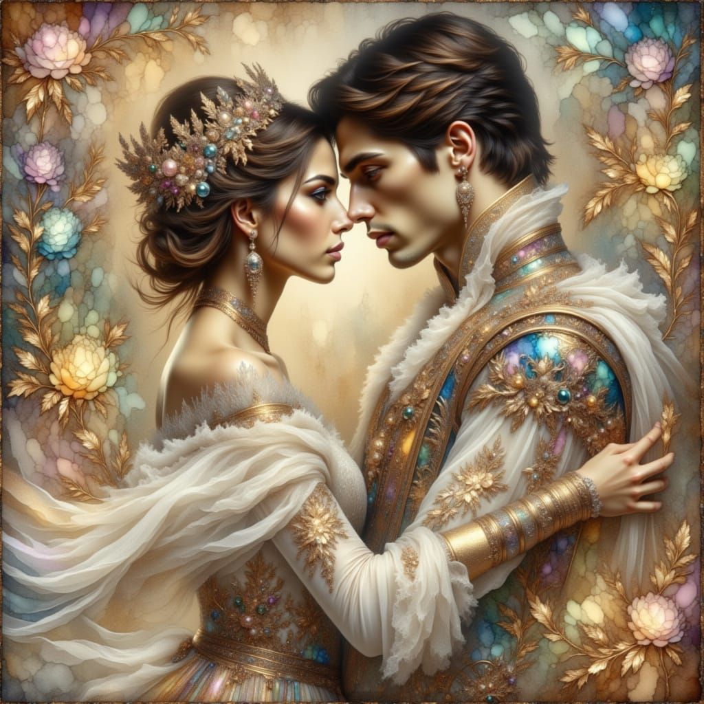 Princess in Elegant White Gown Dancing with Prince in Formal...