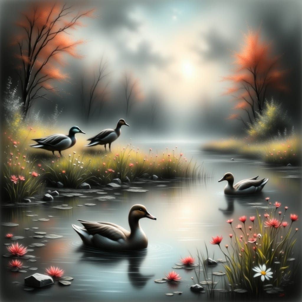 Ducks and Fox in Pond: Artistic Rendering