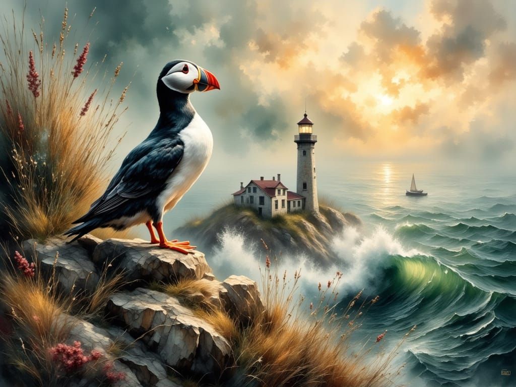 Majestic Puffin Perched Amidst Rocky Coastline in Grungy Oil...