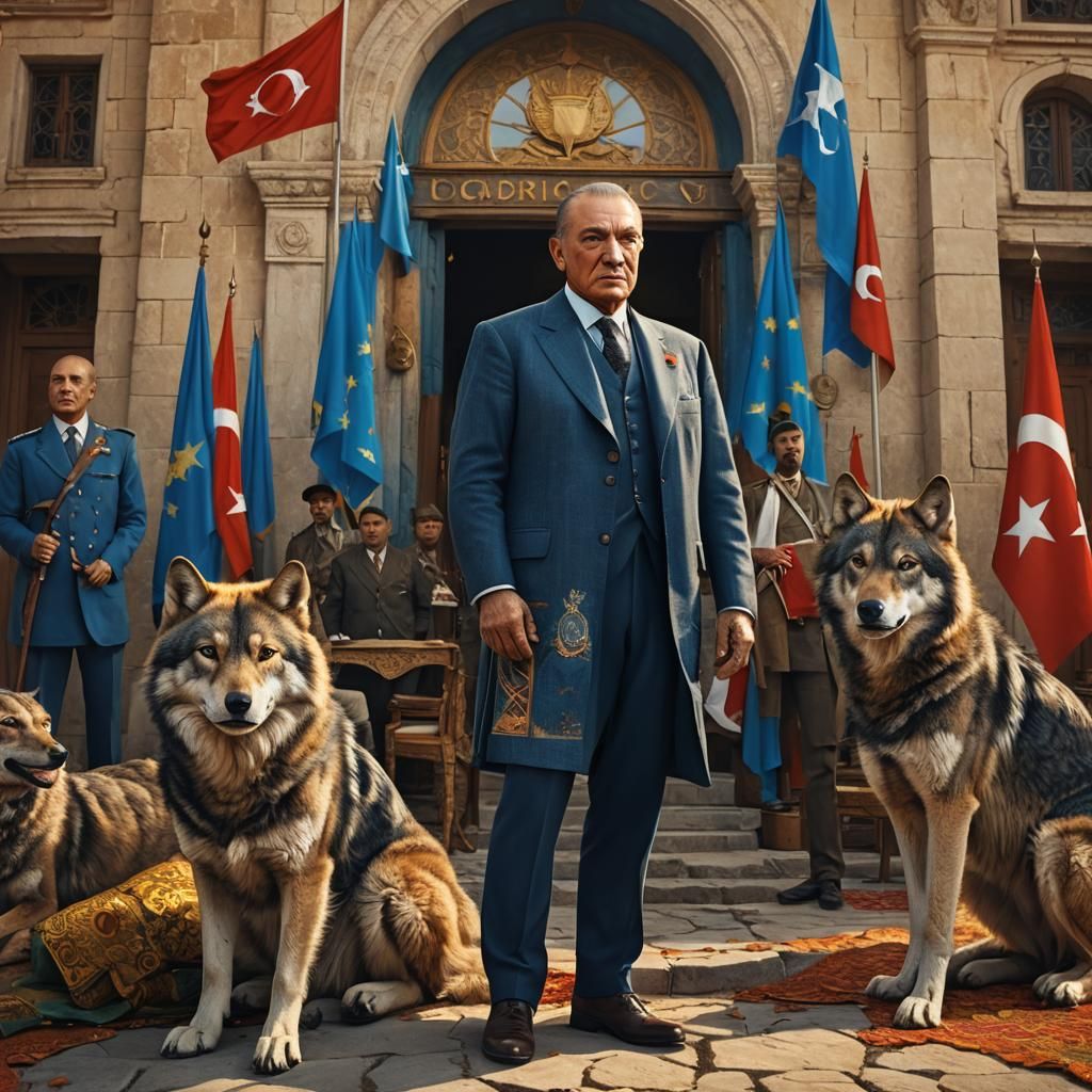 Atatürk with Flags and Wolf: Digital Matte Painting