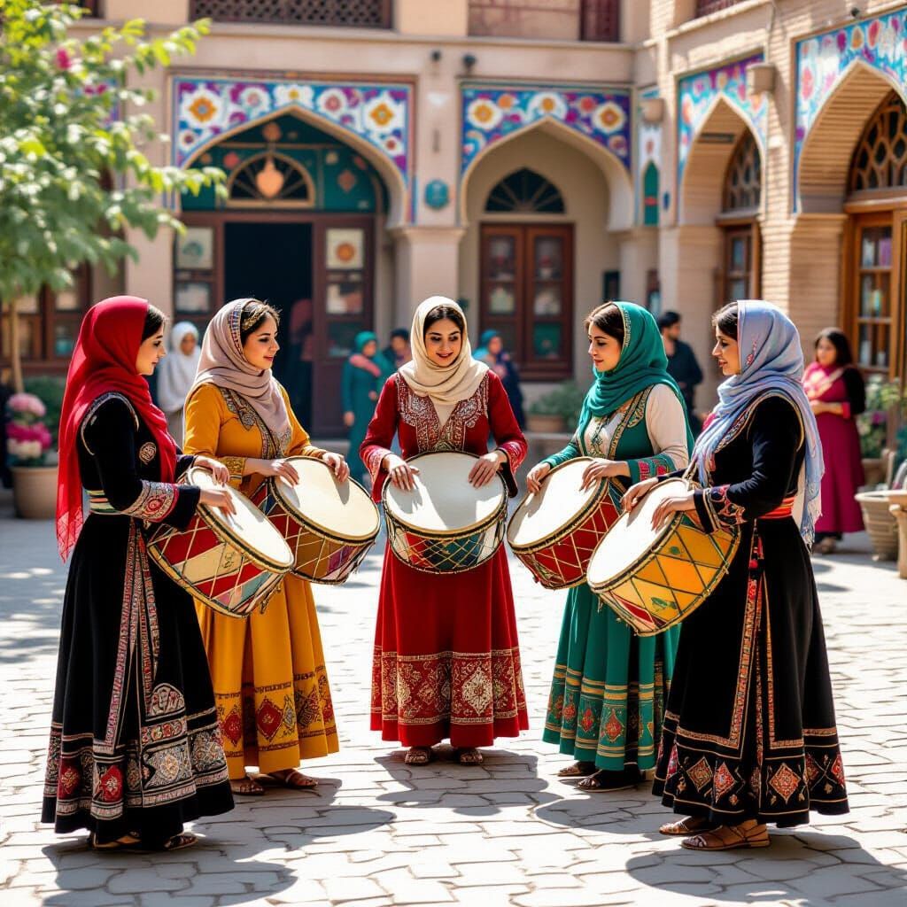 Iranian Women Playing Frame Drums in Village Square