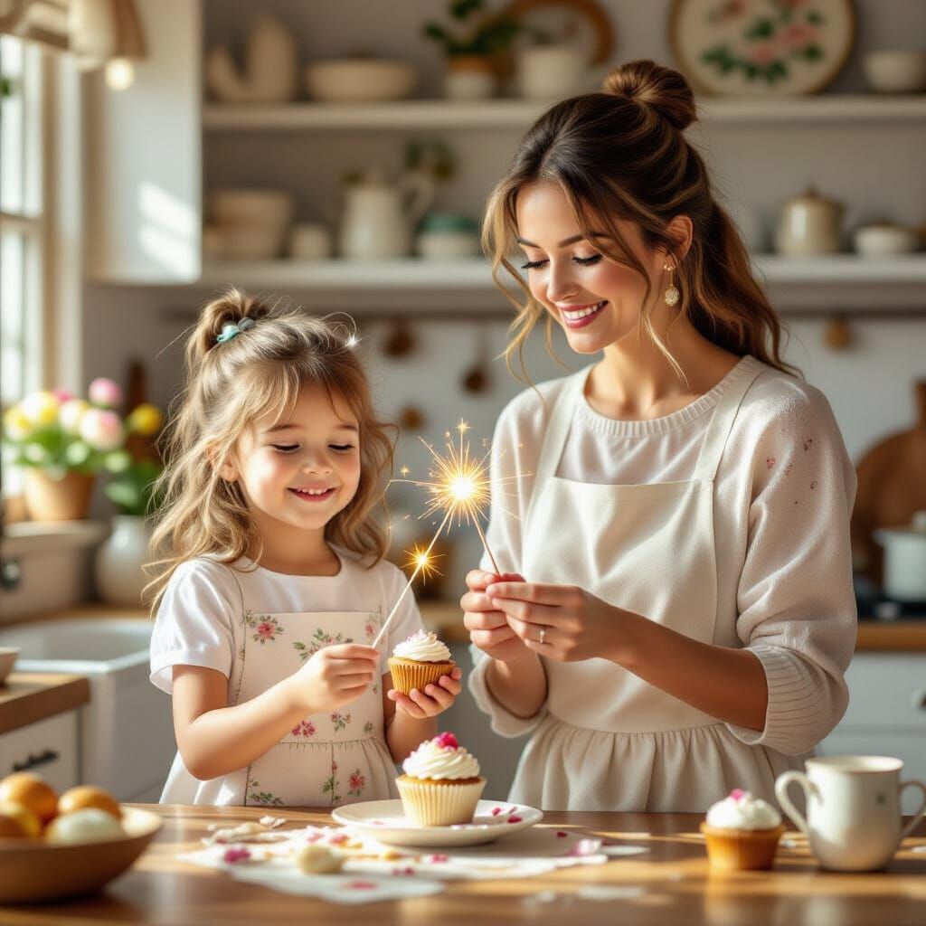 Magical Kitchen Scene: Girl and Mother Bake Cupcakes