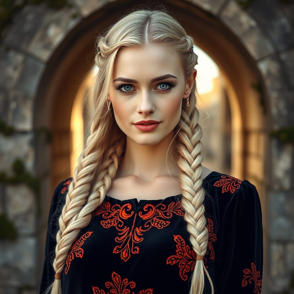 Elegant Blonde Woman in Velvet Dress with Orange Embroidery
