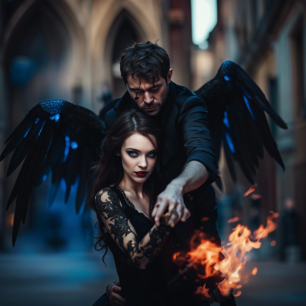 Gothic Devil Carrying Girl Over Burning City