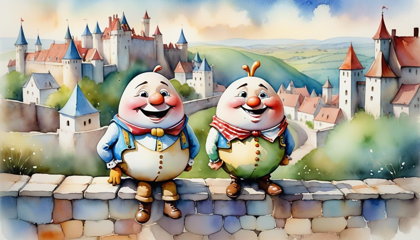 Smiling Humpty Dumpty in Whimsical Watercolor Kingdom