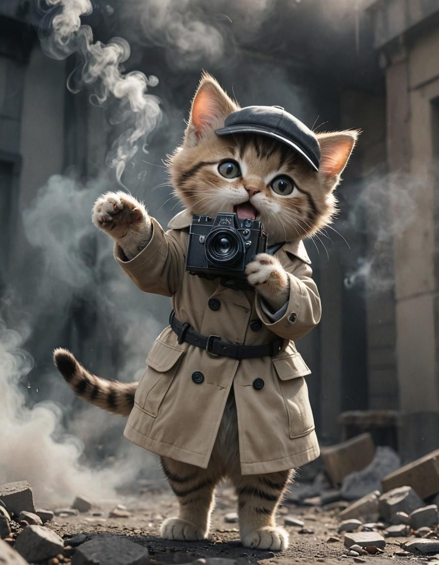 Film Noir Kitten Detective at Crime Scene