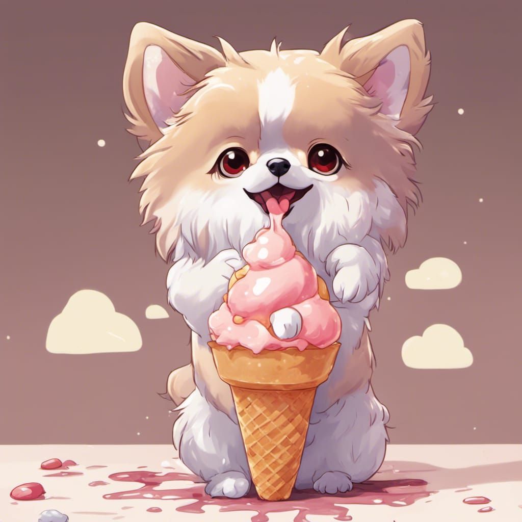 Pomeranian Puppy in Ice Cream Cone, Anime Style