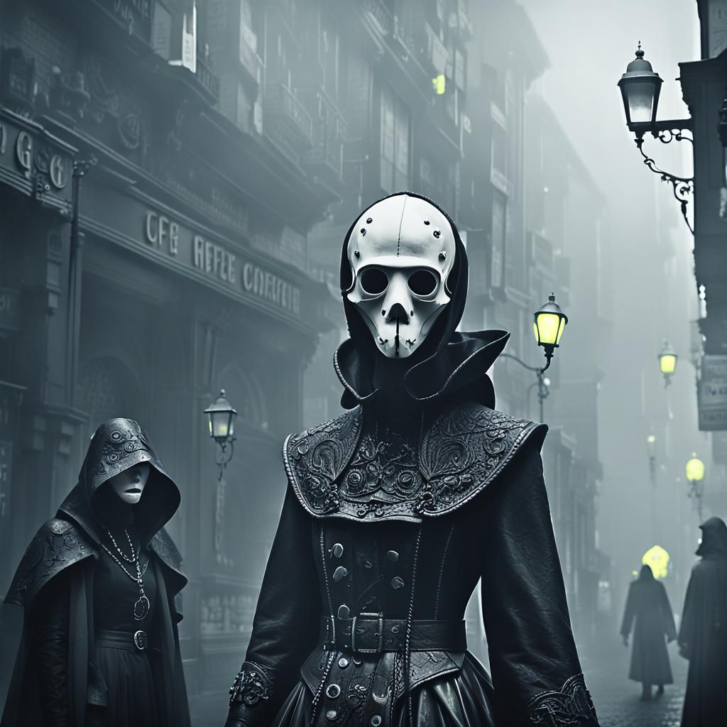 Goth Fashion Model with Plague Doctors in Noir Photography