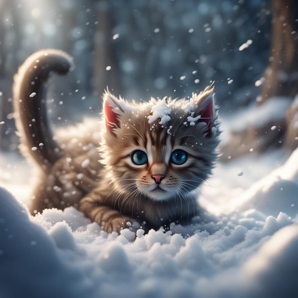 Kitten Playing in Snow: Detailed Fantasy Art