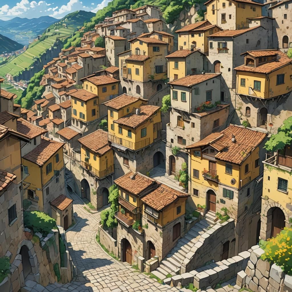 Italian Village on Hillside in Anime Art Style