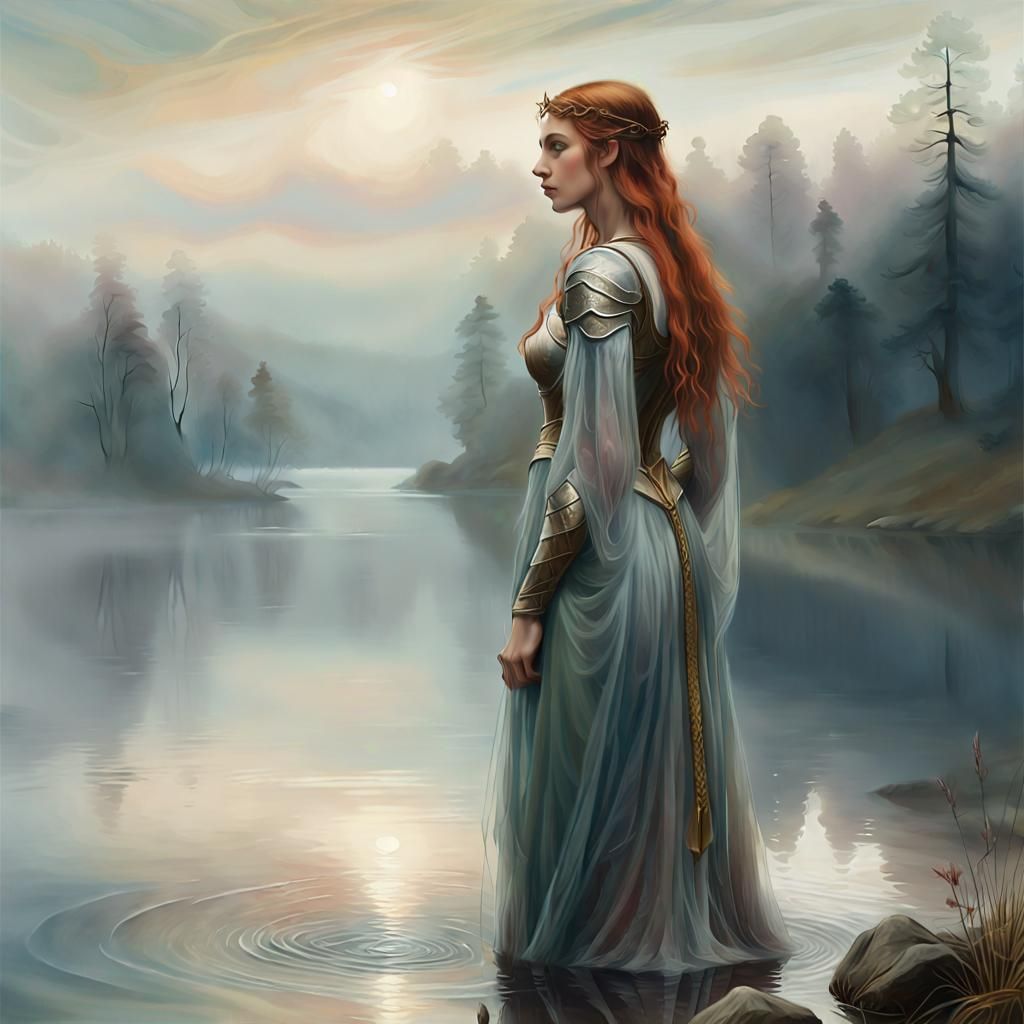 Nimue on Misty Lake Shore: Pre-Raphaelite Painting