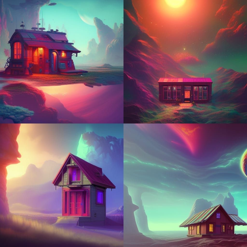 Tiny House in a Bottle: Cosmic Synthwave Art