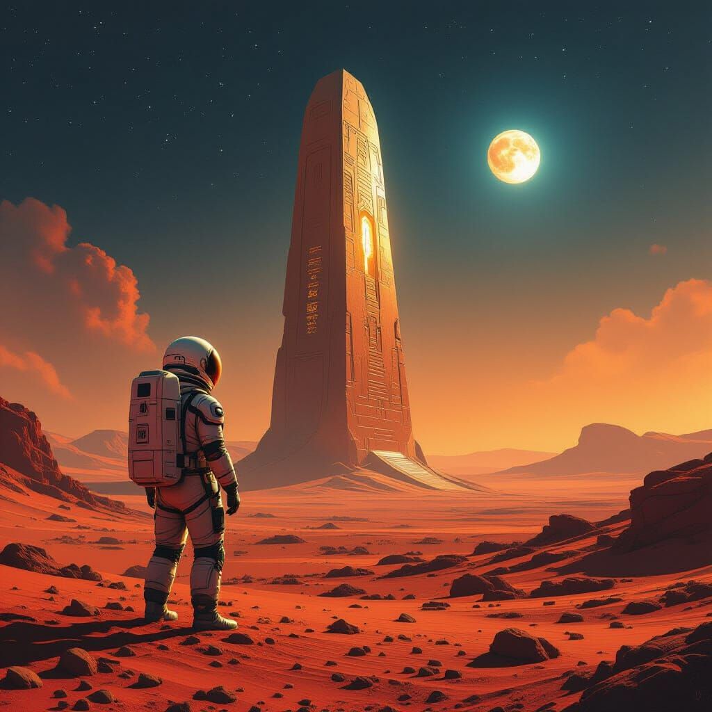Astronaut on Mars Gazes at Ancient Alien Monument