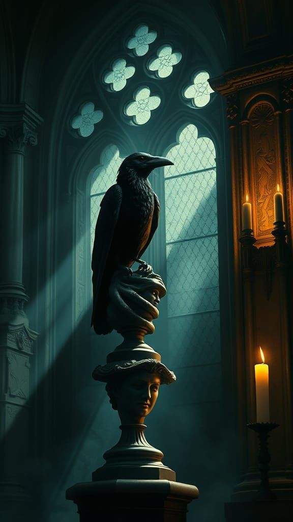 Gothic Raven on Pallas Bust in Dramatic Light