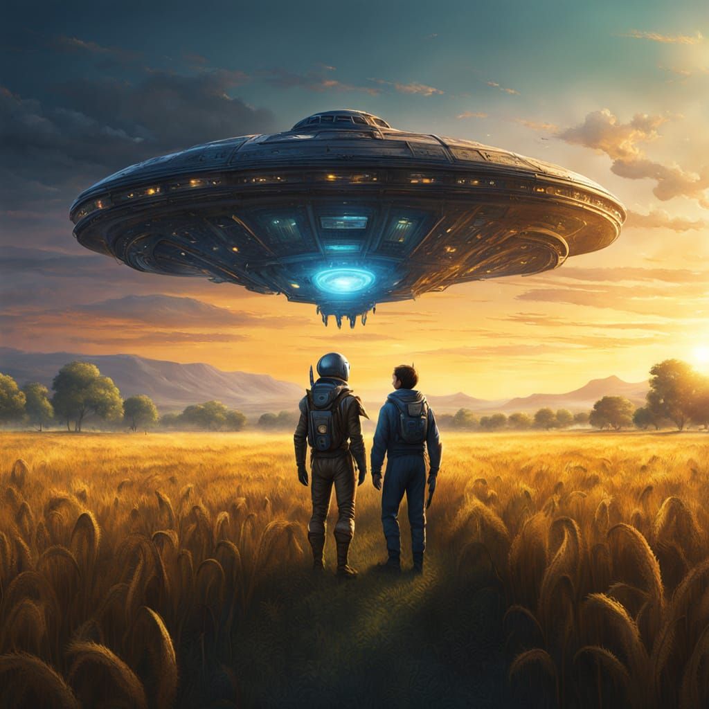 Alien and Human Meeting in Field, Digital Painting