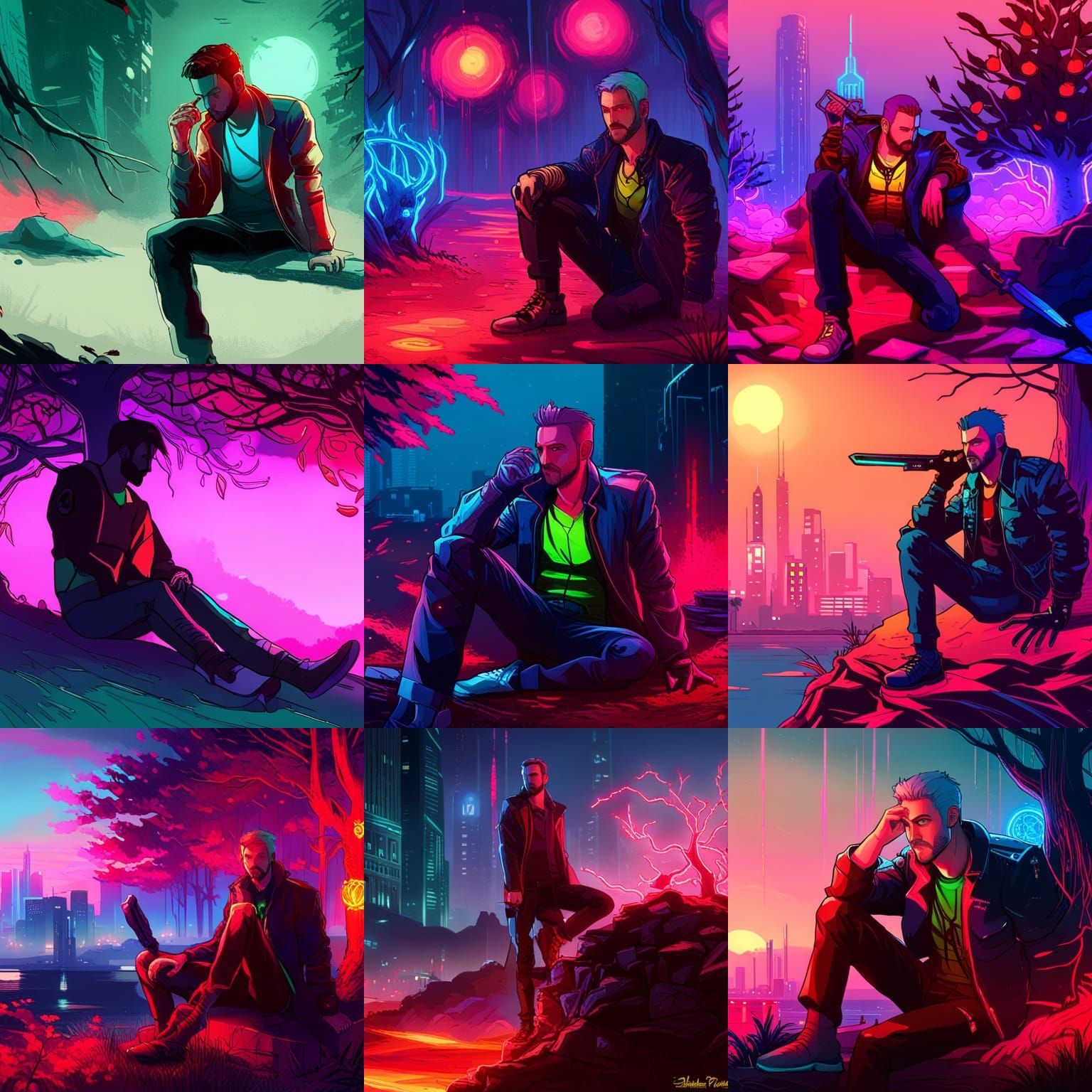 Cyberpunk Hunter on Gem Throne with Neon Accents