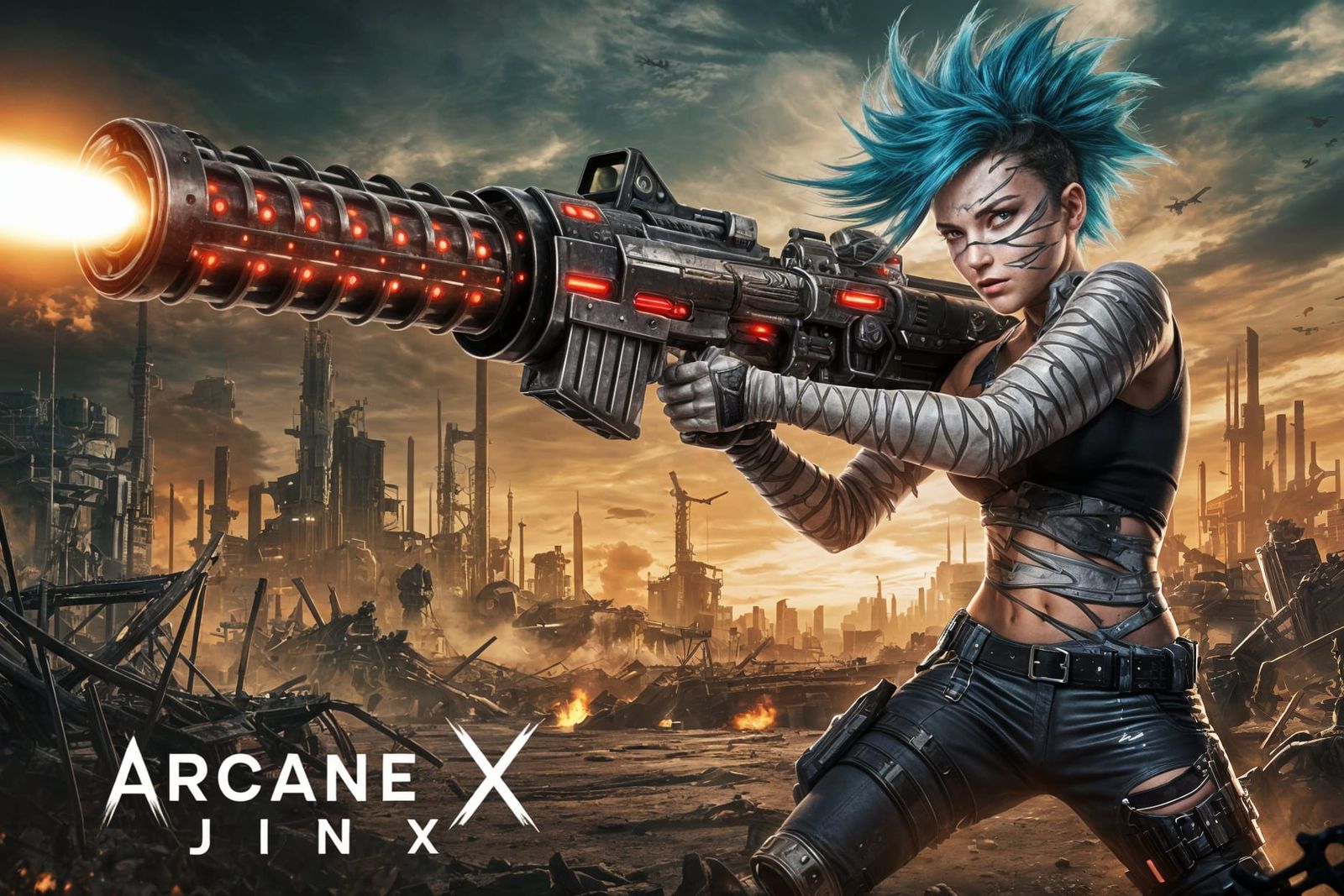 Cyberpunk Jinx in Dystopian Cityscape