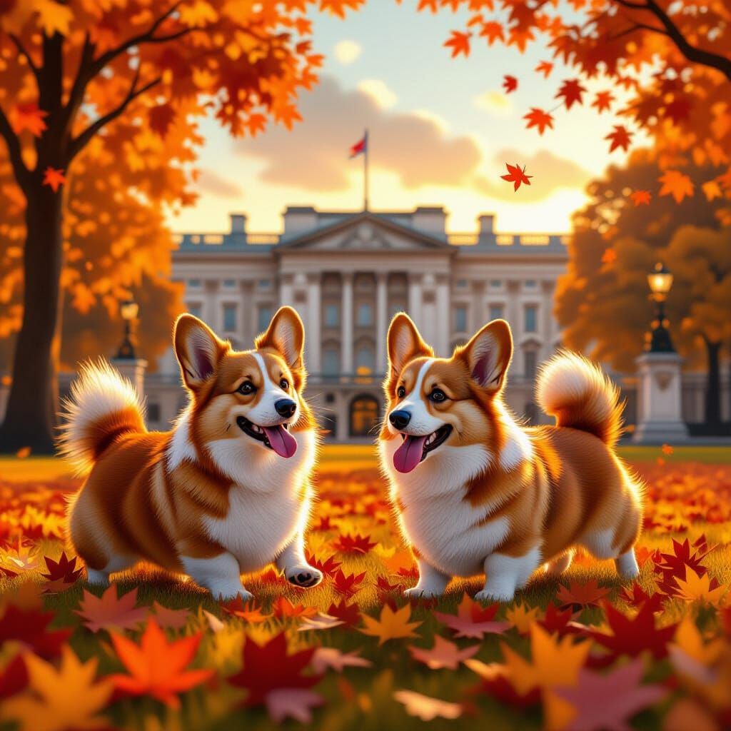 Corgis Play in Autumn Leaves at Buckingham Palace