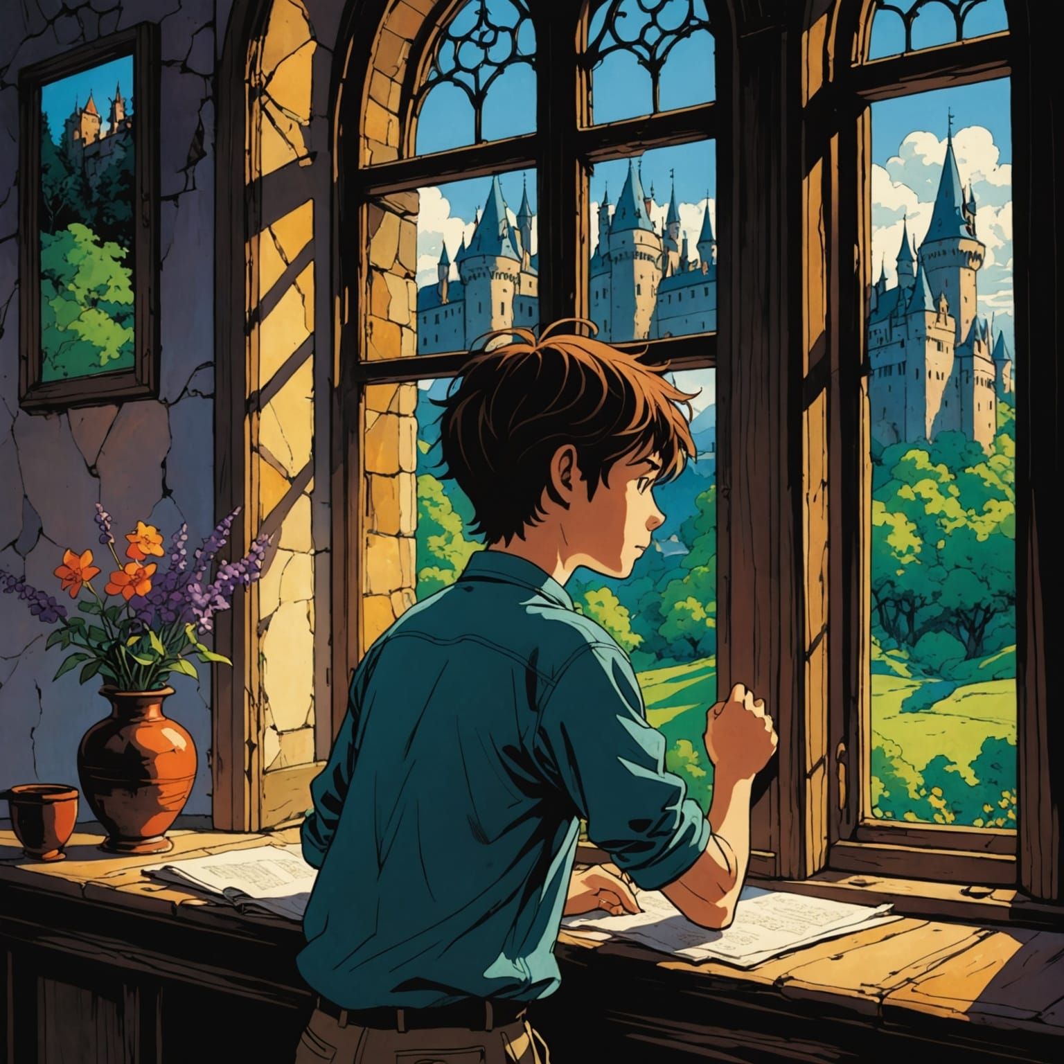 Anime Boy Gazing at Castle: Chiaroscuro Style