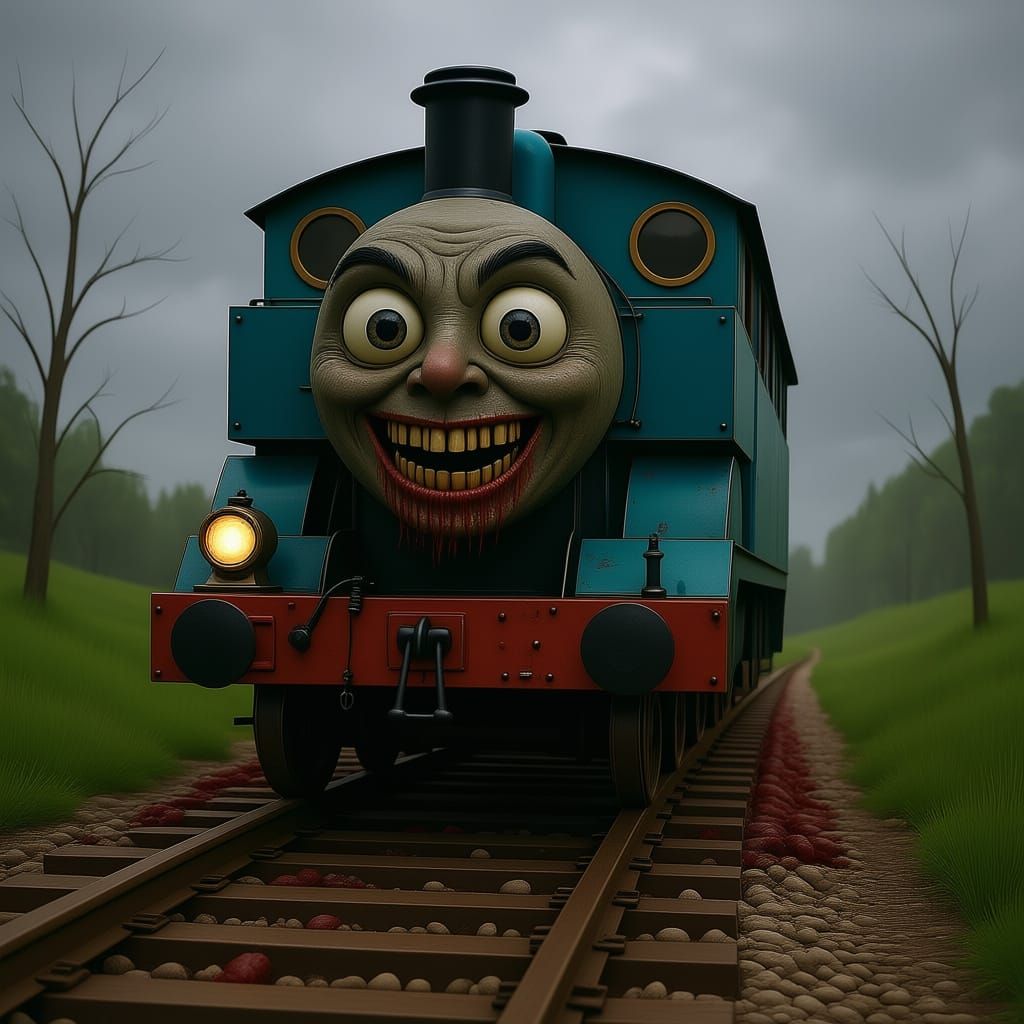 Demonic Thomas the Train Toy with Strange Smile