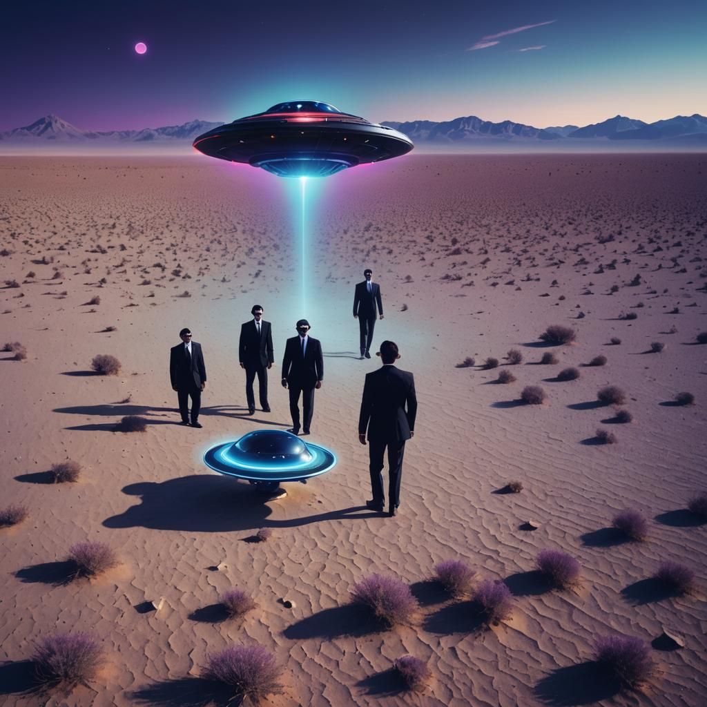 Men in Black Suits and UFO in Surreal Landscape