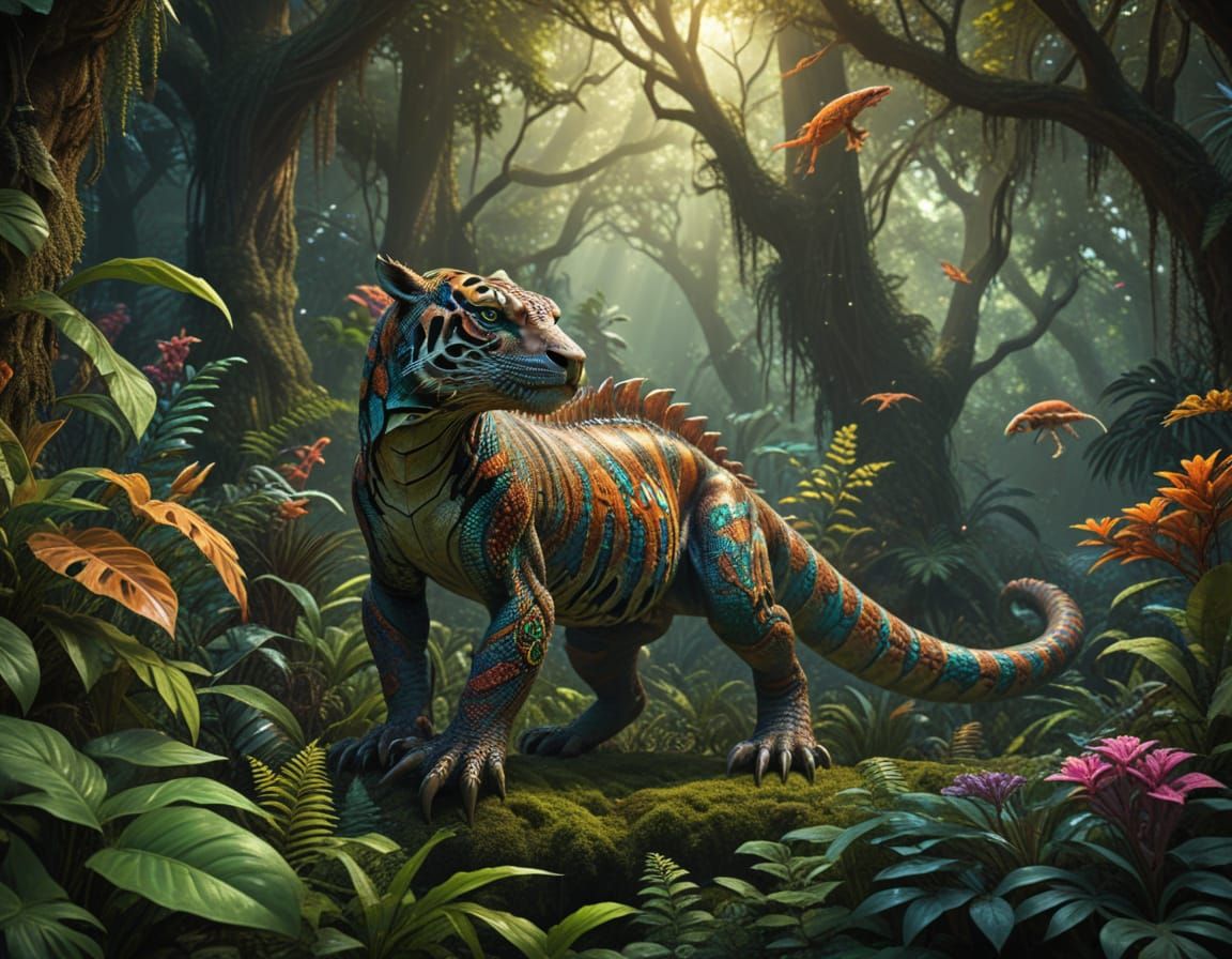 Majestic Tiger-Dragon Hybrid Roams Lush Rainforest