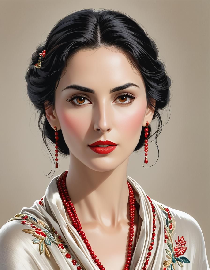 Elegantly Regal Portrait of a Dark-Haired Woman in a Summer....