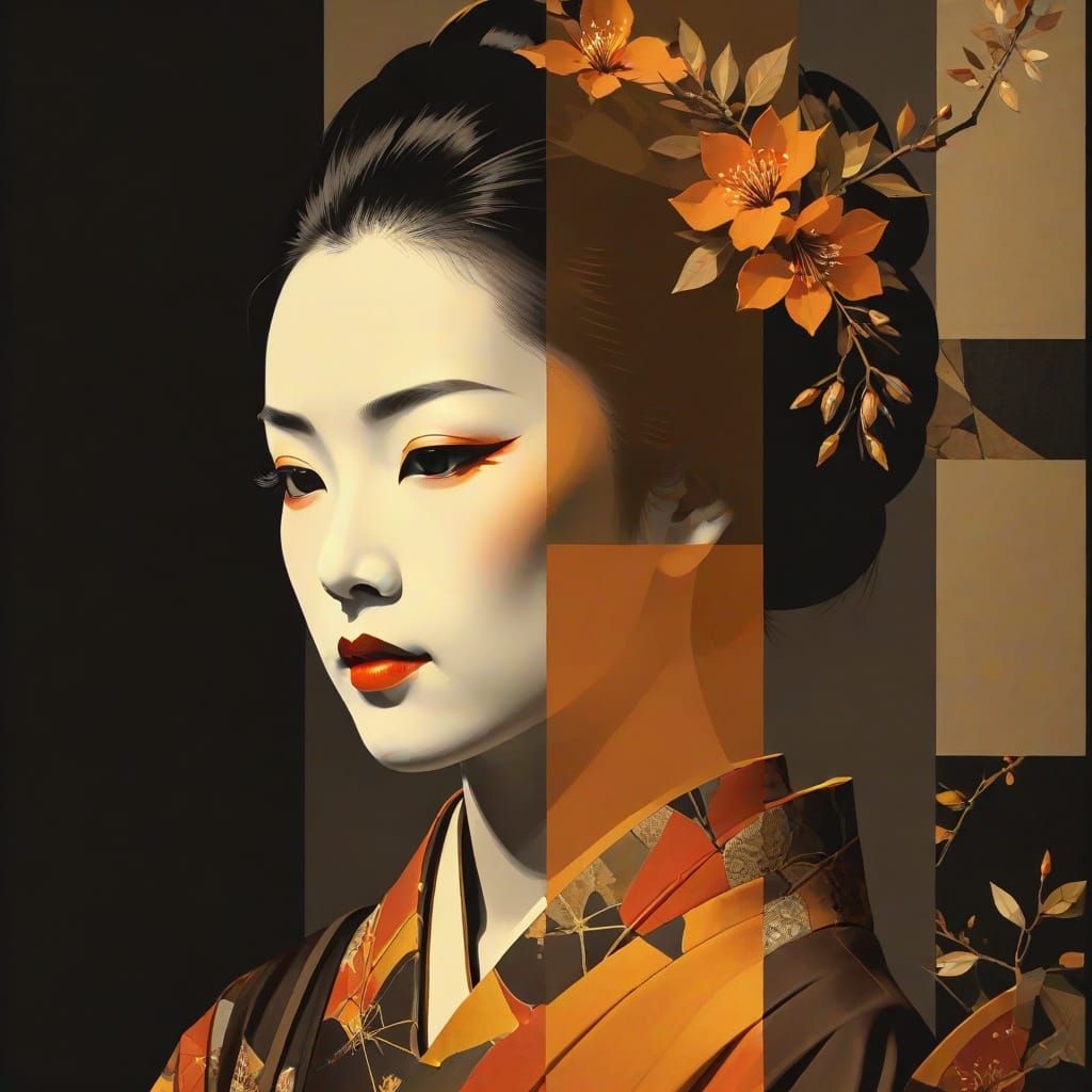 Cubist Geisha Art in Orange and Brown