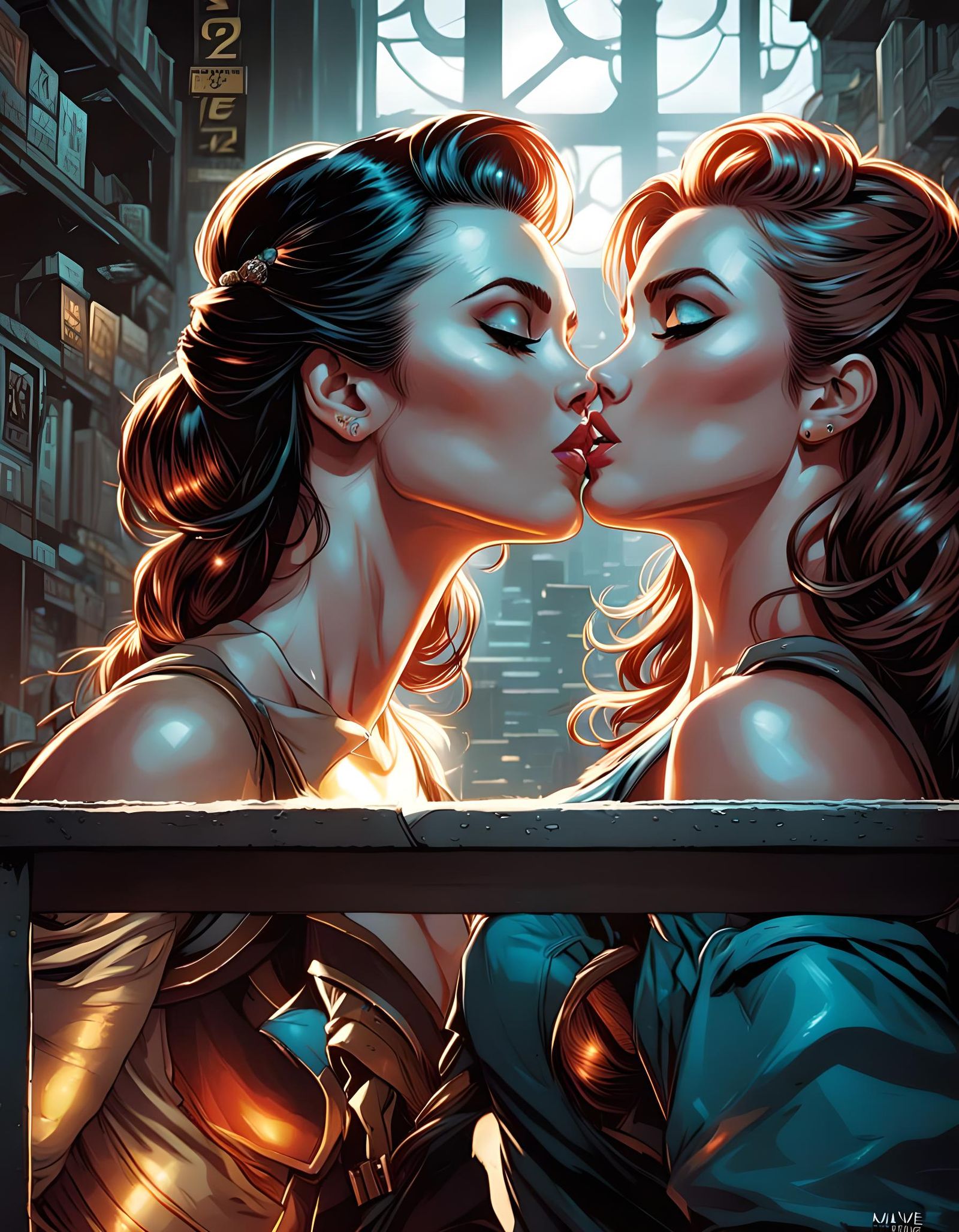 young beauties girls kissing, mivie poster, floor perspective