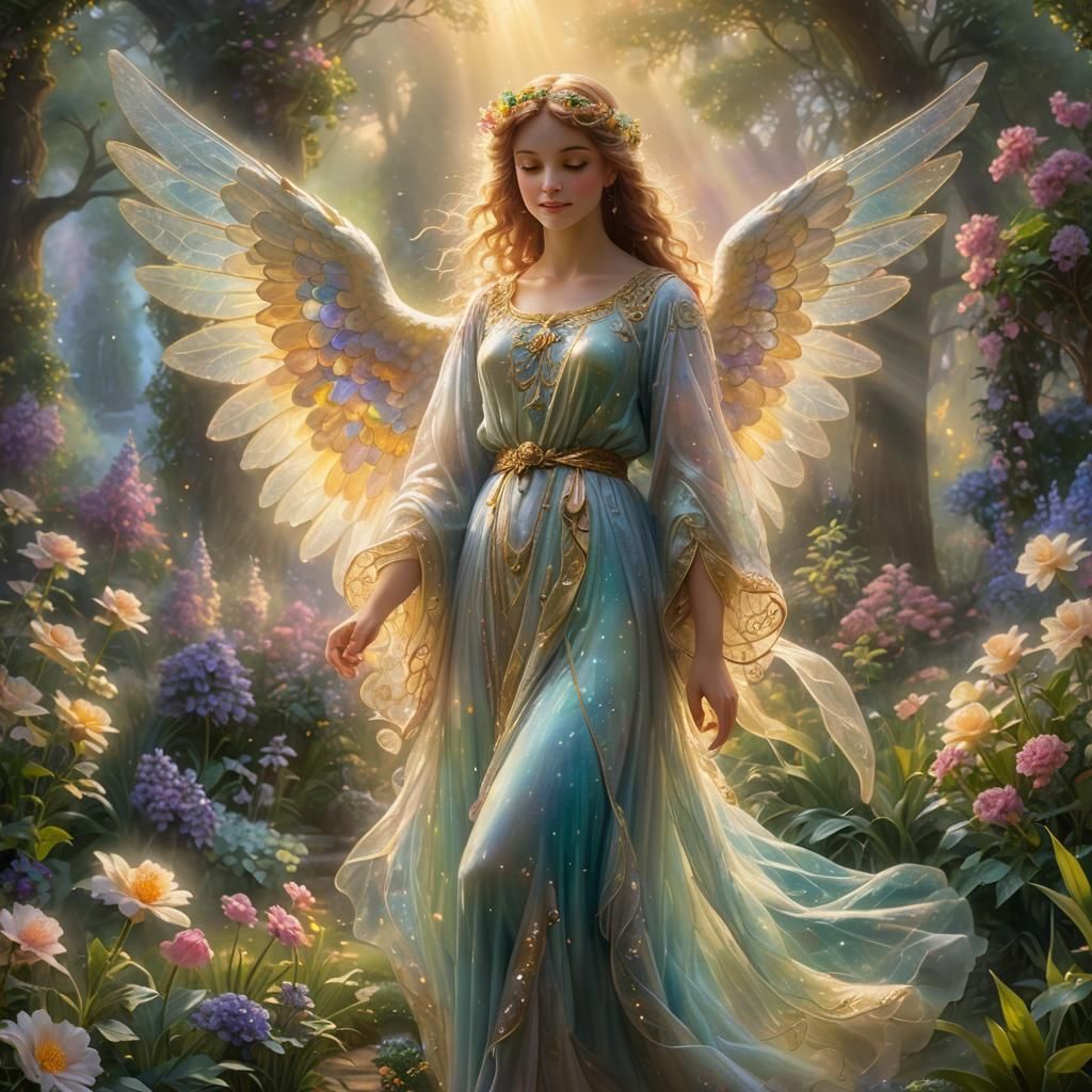 Romantic Angel in Ethereal Garden with Golden Light