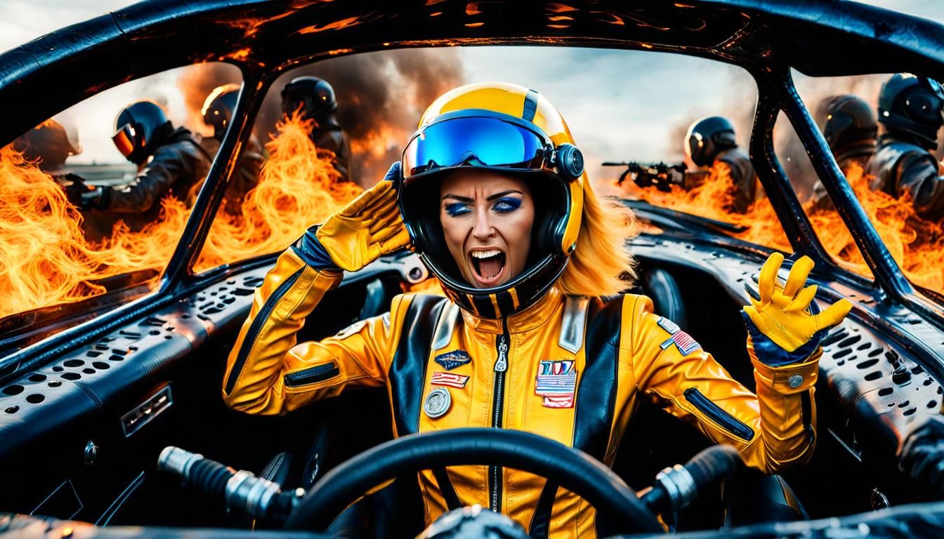 Futuristic Woman in Burning Car: Sci-Fi Art