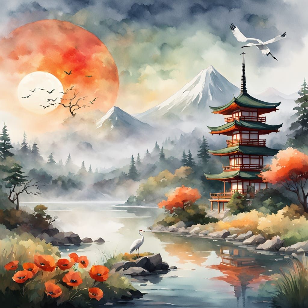 Majestic Crane by Red Sun in Watercolor Japanese Landscape