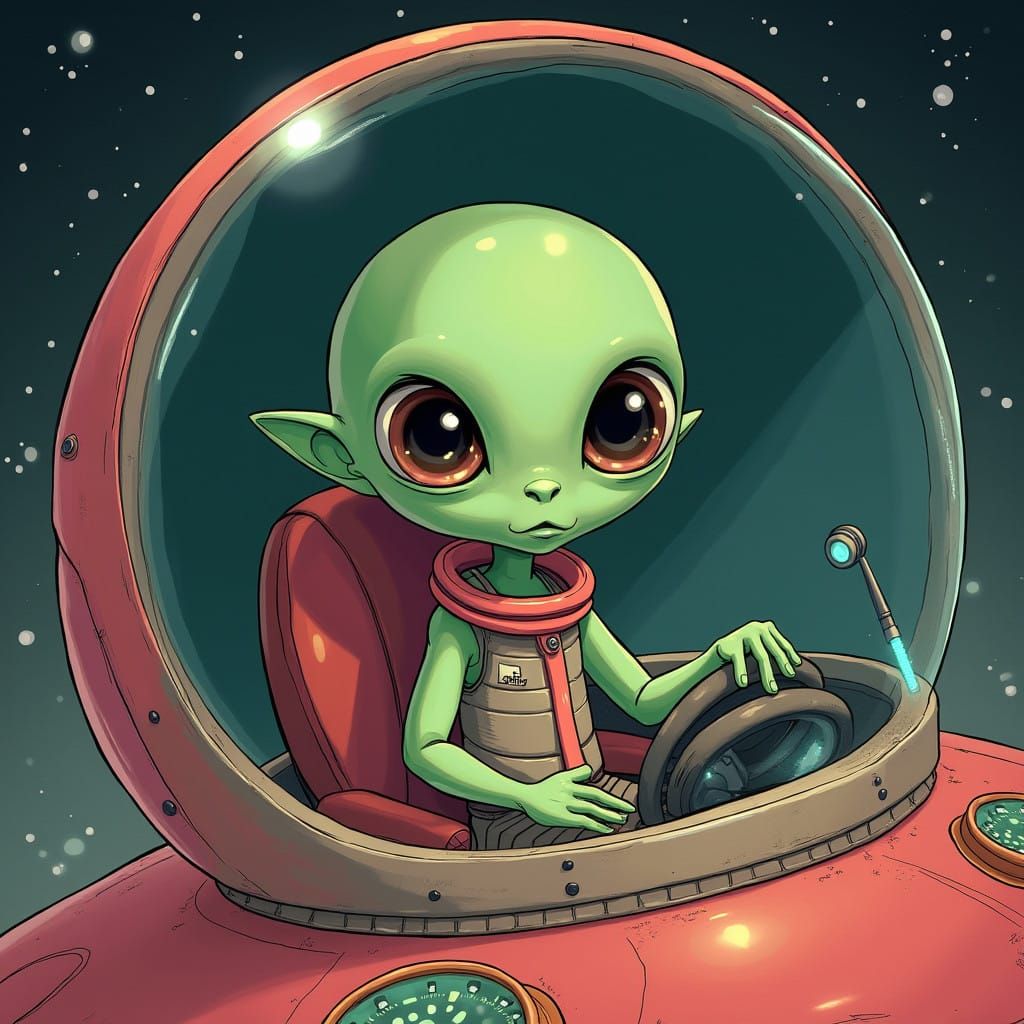 Soft-Green Alien Pilot in Retro-Futuristic UFO