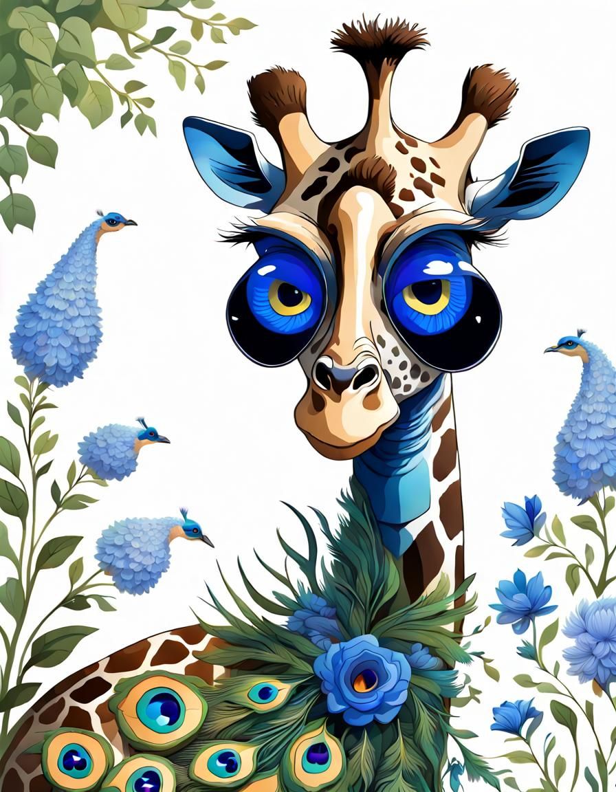 Giraffe-Peacock Hybrid in a Floral Landscape