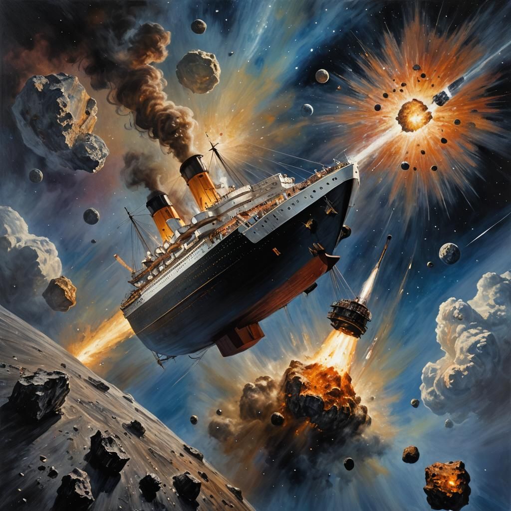 Titanic in Space Asteroid Collision Oil Painting