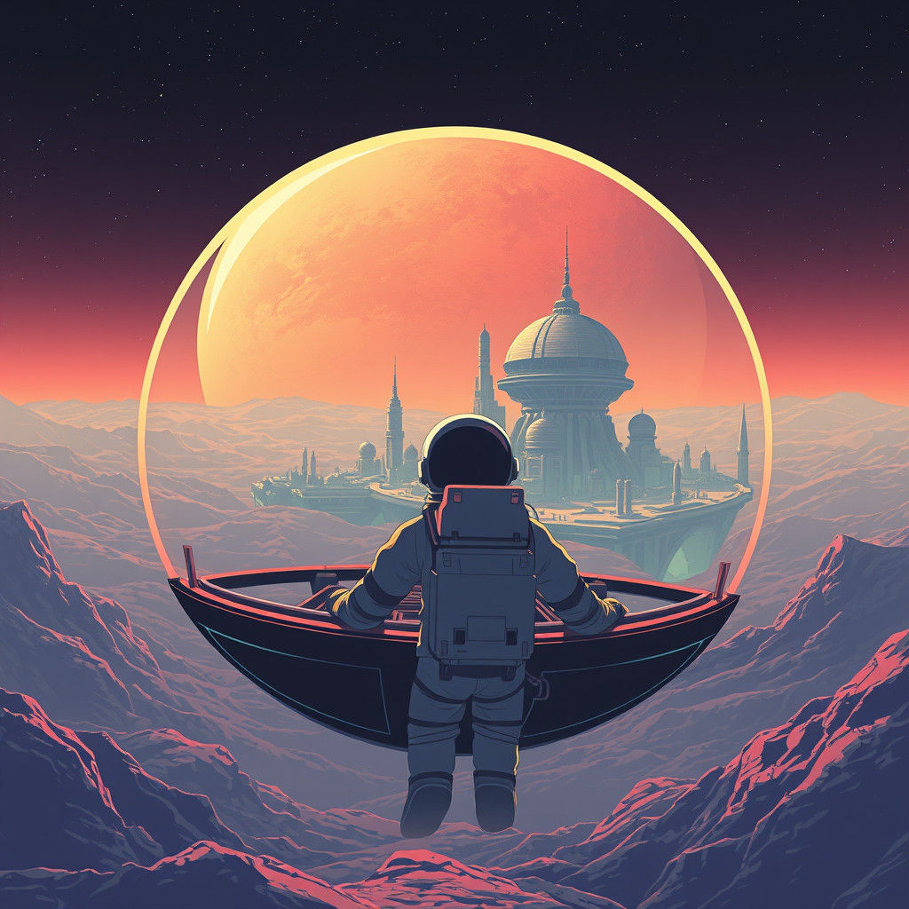 Astronaut Observes Venusian City in Synthwave Style