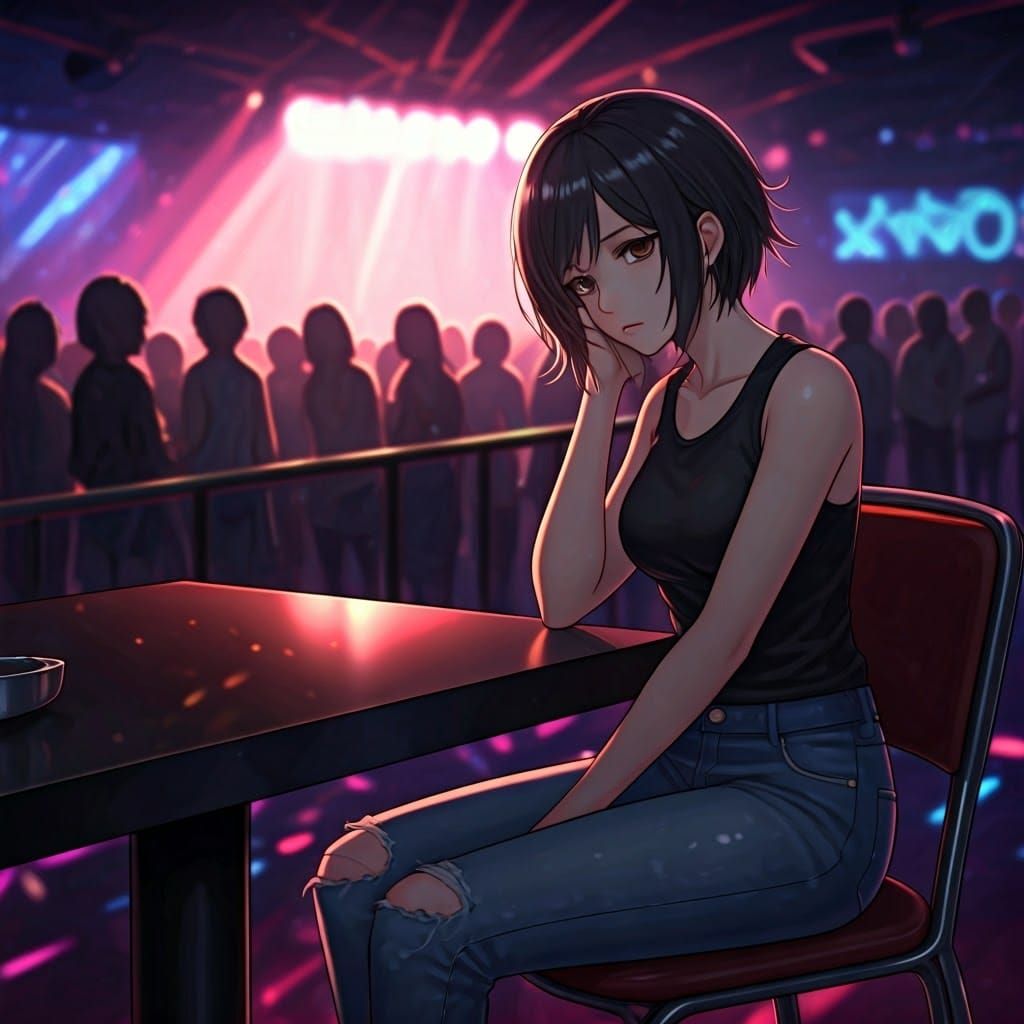 Melancholic Anime Woman in Dance Club