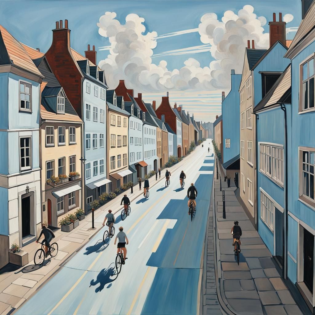 Scandinavian Street Scene with Cyclists in Contemporary Styl...