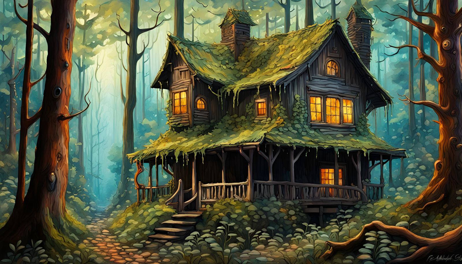 Cabin in Fantastical Forest, Gouache Watercolor Style