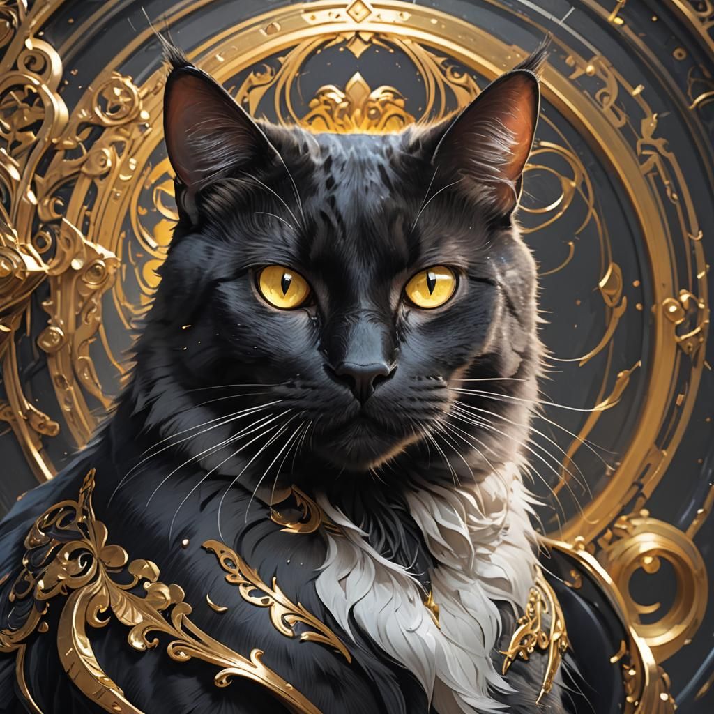 Majestic Black Cat Portrait in Hyperdetailed Style