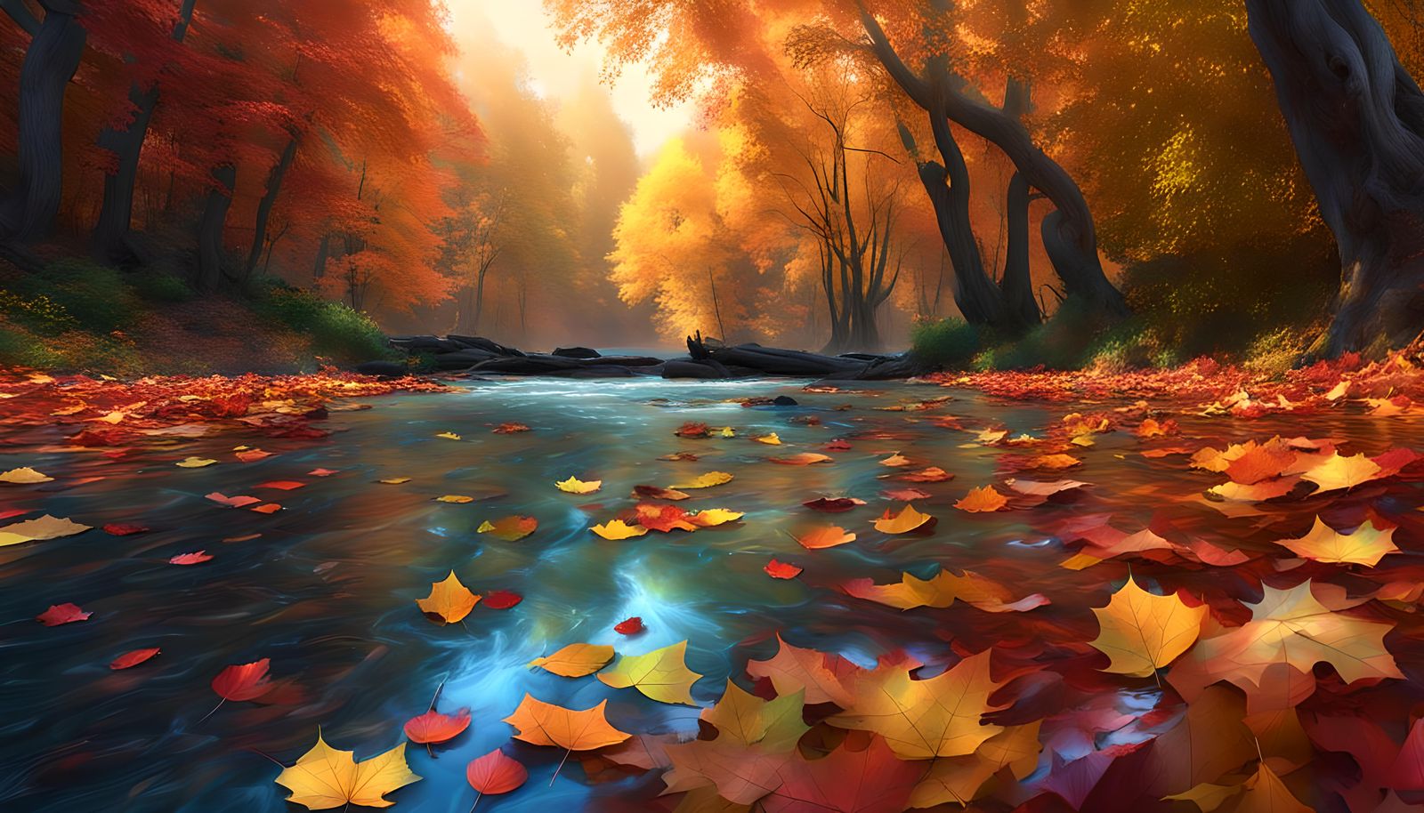 Autumn Riverbank with Floating Leaves in Glasswork Style