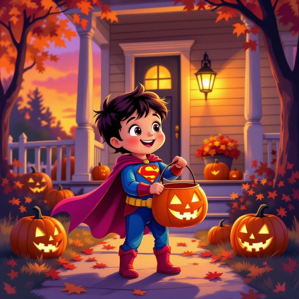 Child Superhero Trick-or-Treating on Autumn Evening