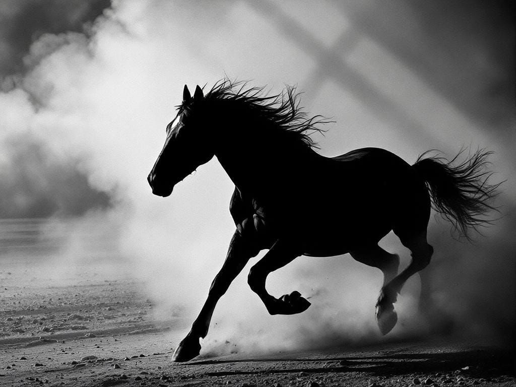 Horse Running Free in Film Noir Style