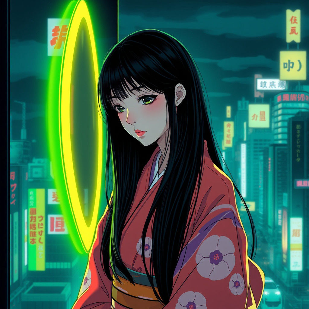 Neon Reflections: Japanese Girl in Futuristic Anime Style