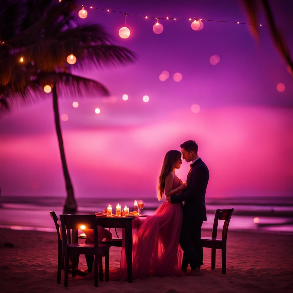Romantic Beachfront Restaurant Scene in Purple Hues